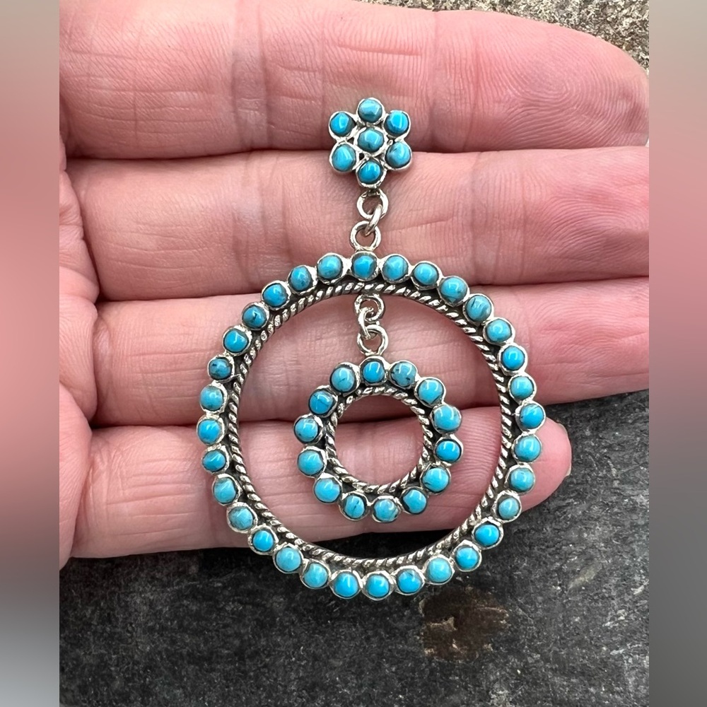 Zuni Native American Sterling Silver Blue Turquoise Petit Point Dangle Earrings - Picture 4 of 5